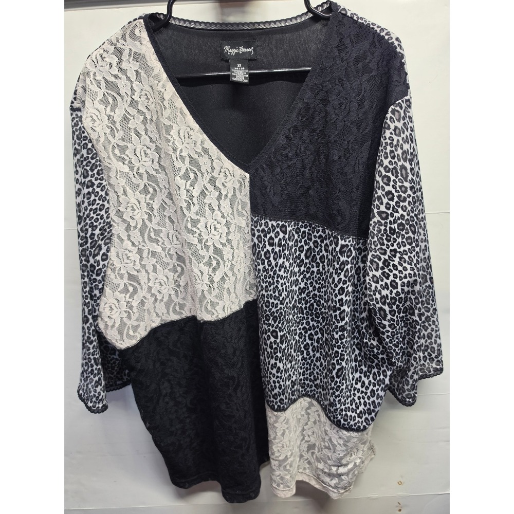 Maggie Barnes 3X Plus Tunic Top Leopard Print Floral Lace Mixed Media V-Neck